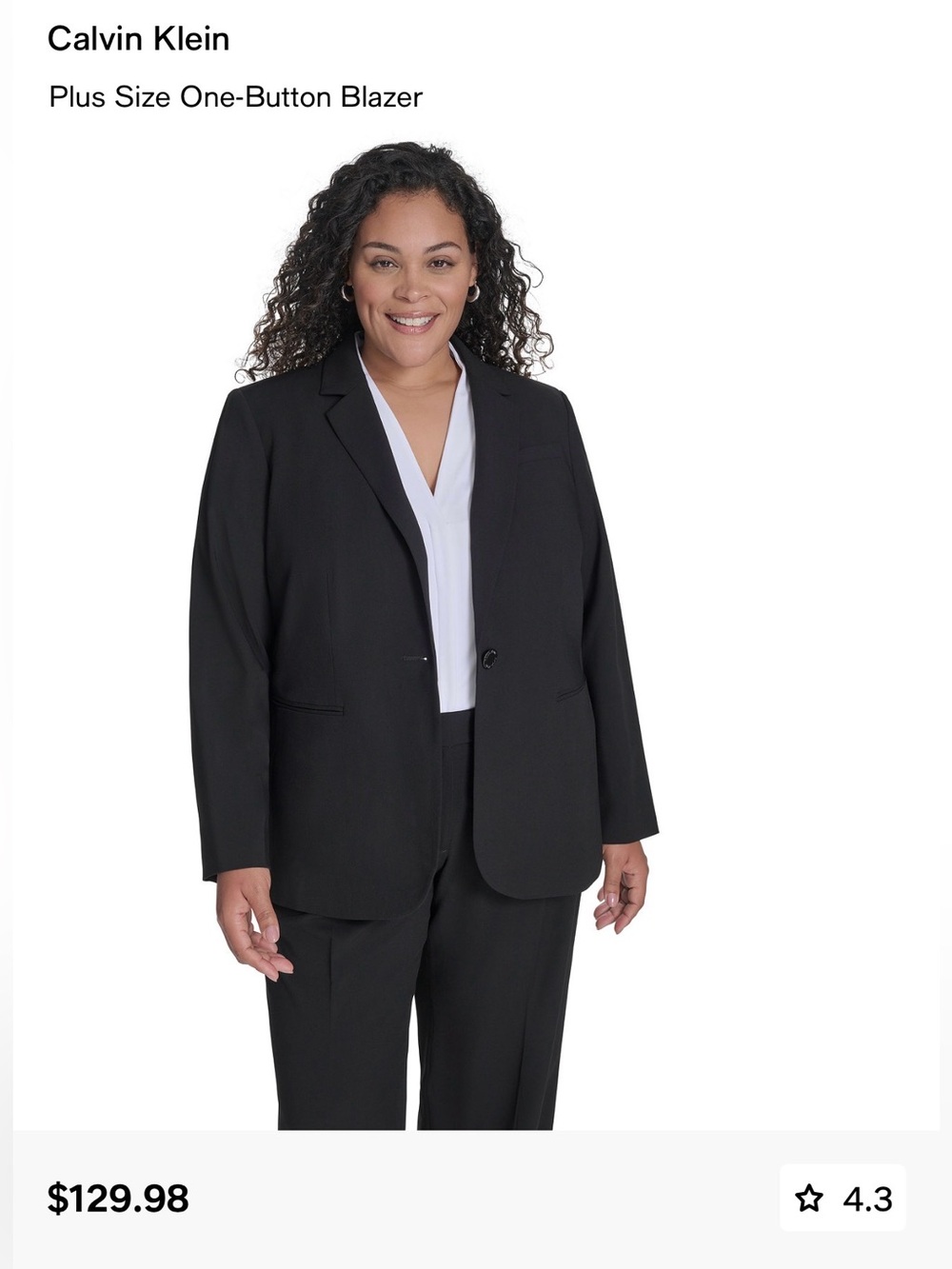 Calvin Klein Plus Size Black One-Button Blazer 18W